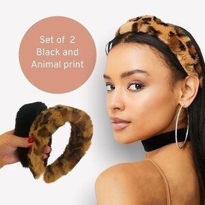 Faux fur fluffy plush headband animal print and black